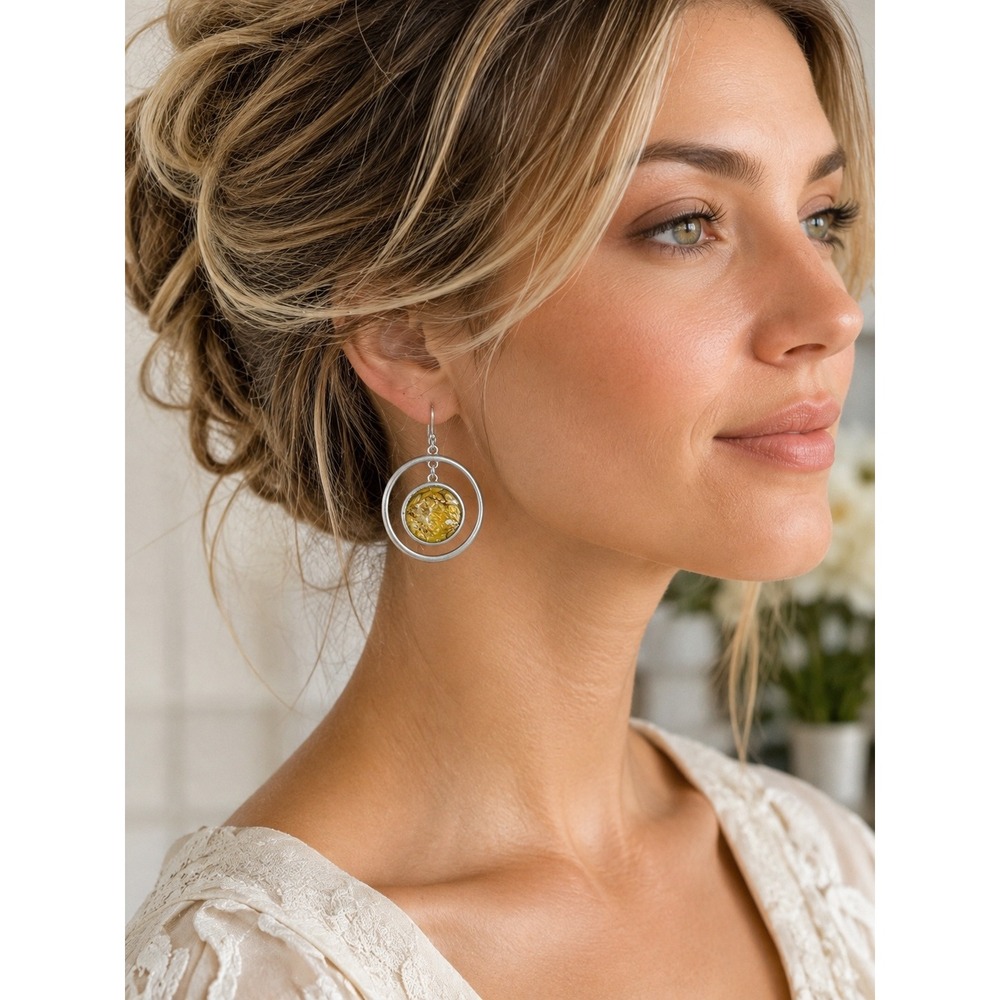 Silver Tone Resin Hoop Drop Earrings Yellow Foil Art Glass Look Dangle Earrings